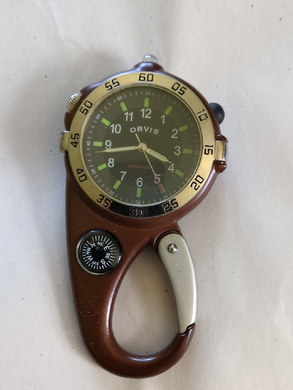 Orvis Brown and Gold Clip-On Analog Watch with Compass